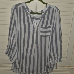 Market and Spruce Blue and White Relaxed Blouse with Mandarin Collar